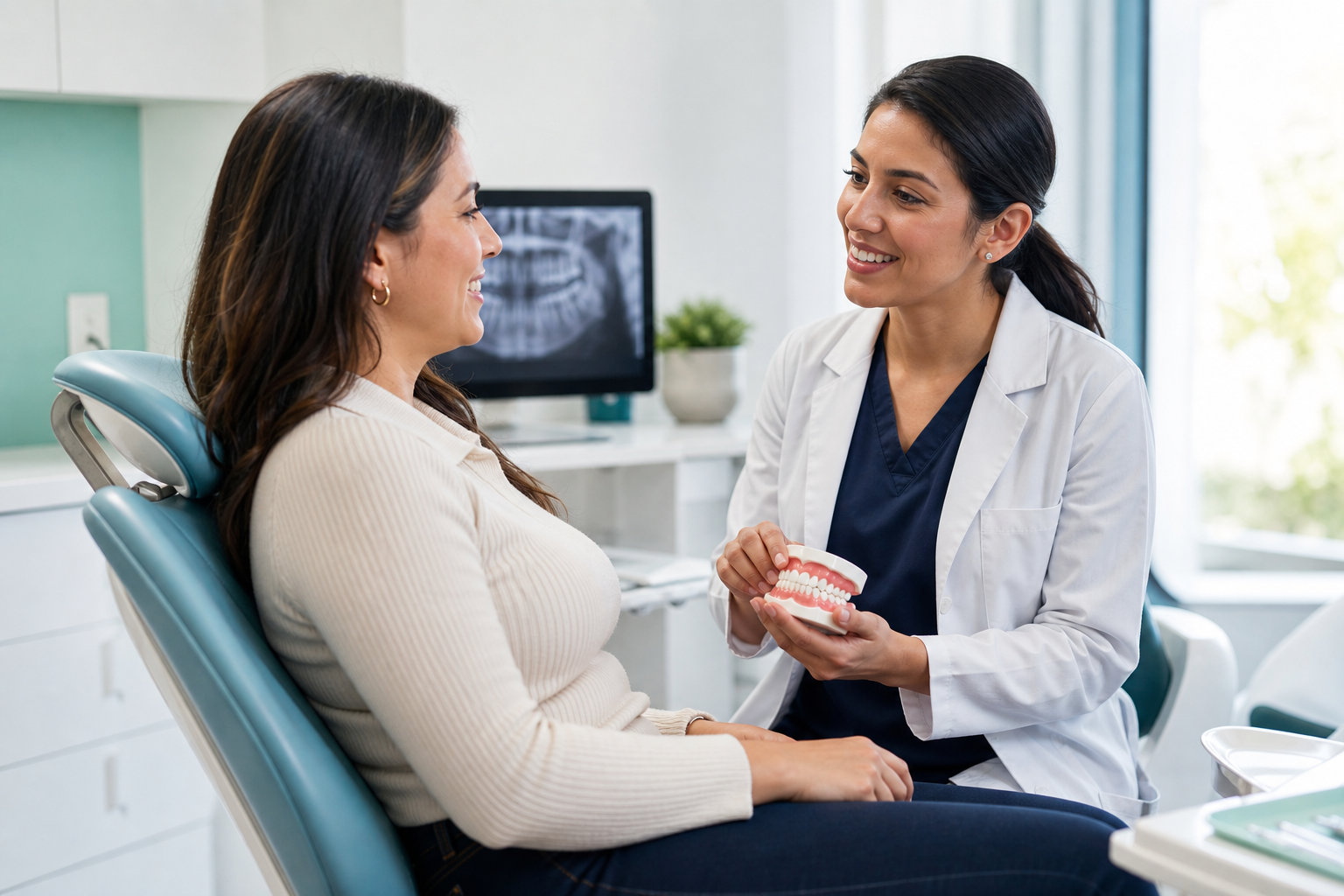 Dentista explicando el cuidado dental a una paciente